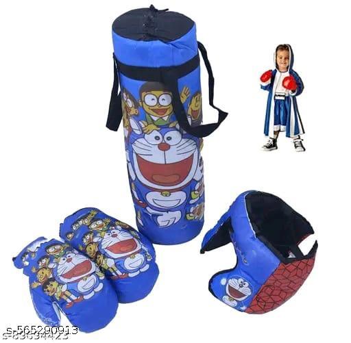 Children's boxing set with Doraemon design on a blue bag, gloves, and shin guards