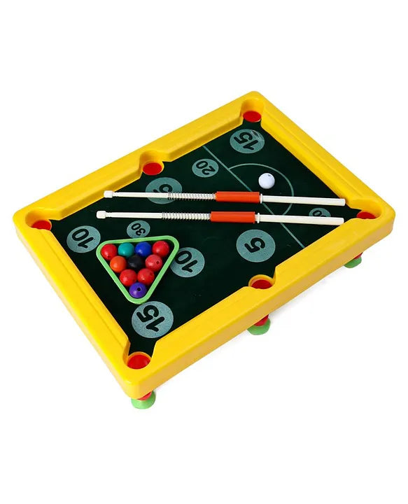 Toy pool table with balls and cues on a white background