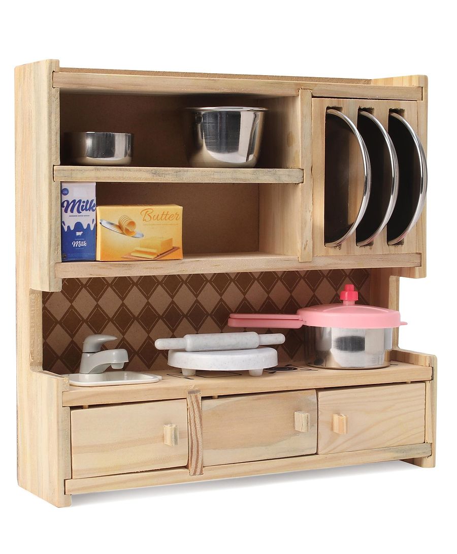 Wooden toy kitchen set with shelves and drawers on a white background