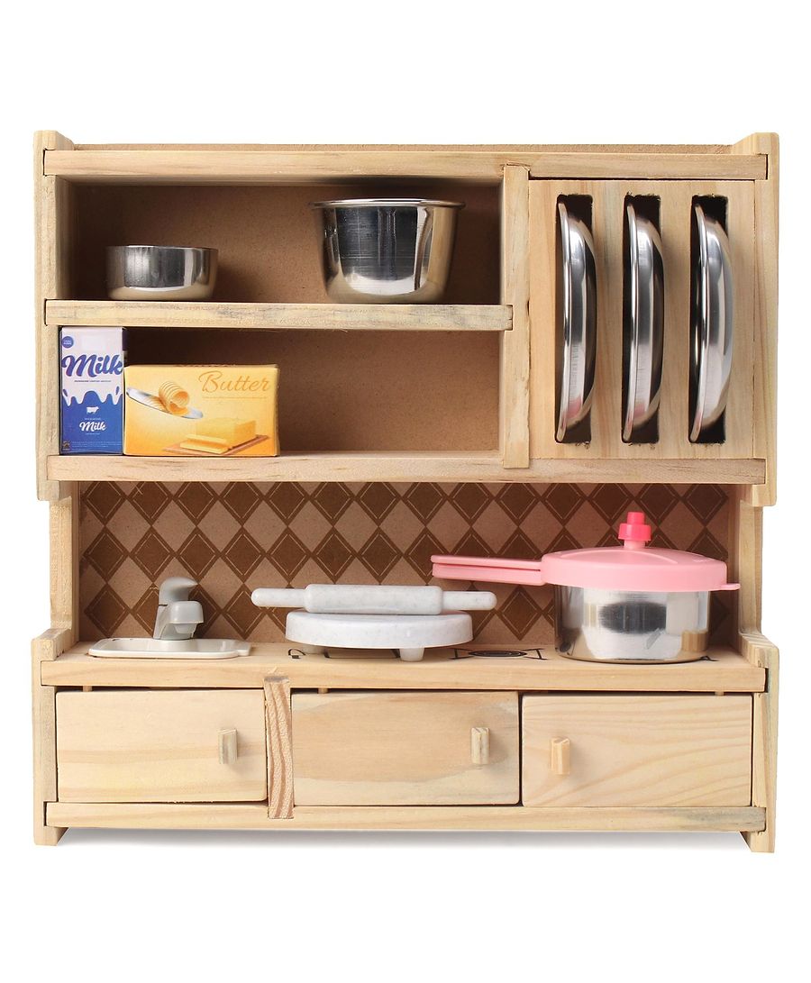Wooden play kitchen set with shelves and drawers, including toy utensils and containers.