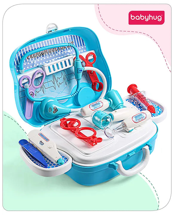 Toy doctor's kit with various medical tools in a blue case on a light green background