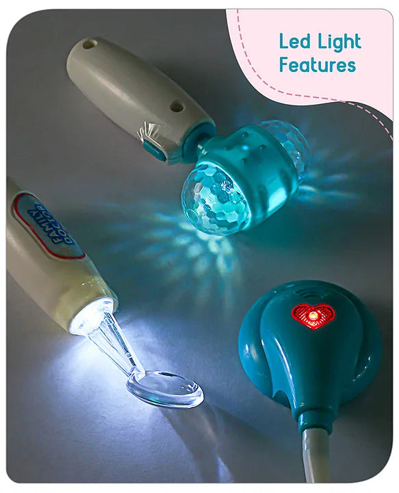 Teal LED light device with a white light source on a gray background