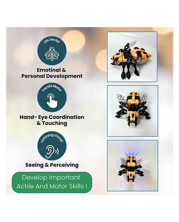 Insect Bee Crawling Toy with Universal Wheels, Mechanical Appearance, Lights, Music, and Simulated Flapping Wings - Interactive Crawling Insect Toy for Kids - Yellow