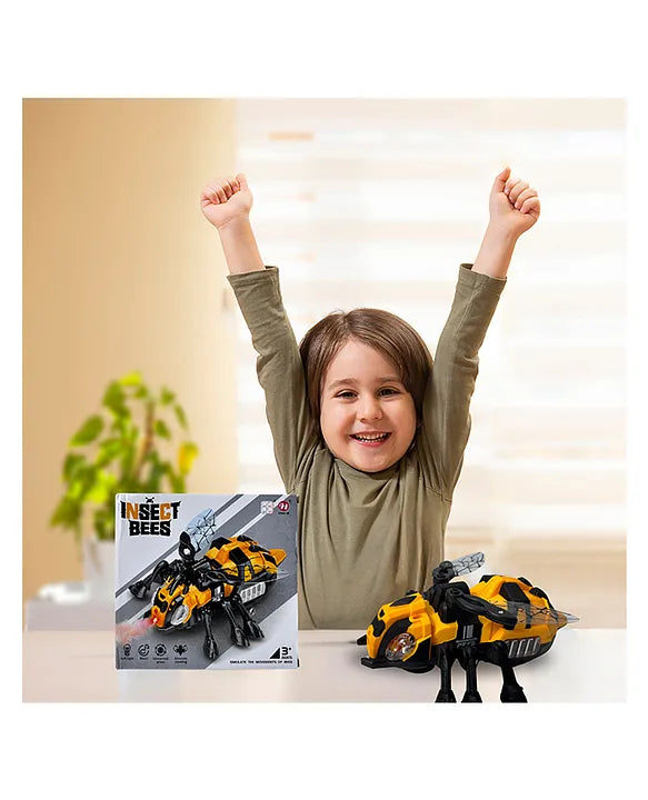 Insect Bee Crawling Toy with Universal Wheels, Mechanical Appearance, Lights, Music, and Simulated Flapping Wings - Interactive Crawling Insect Toy for Kids - Yellow