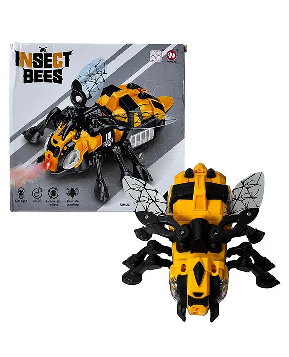Insect Bee Crawling Toy with Universal Wheels, Mechanical Appearance, Lights, Music, and Simulated Flapping Wings - Interactive Crawling Insect Toy for Kids - Yellow