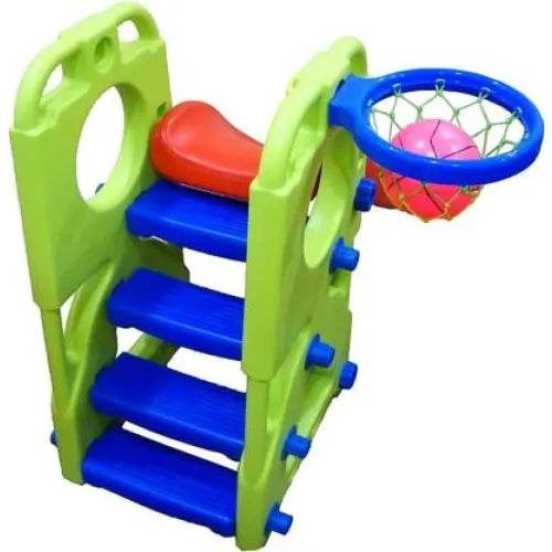 2 in 1 kids slide with basketball hoop in green and blue plastic featuring red slide and pink ball