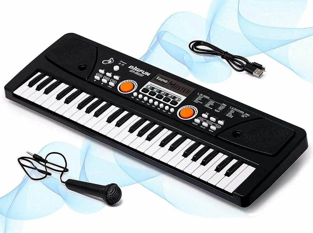 49 key electronic keyboard for kids in black with microphone and USB cable included