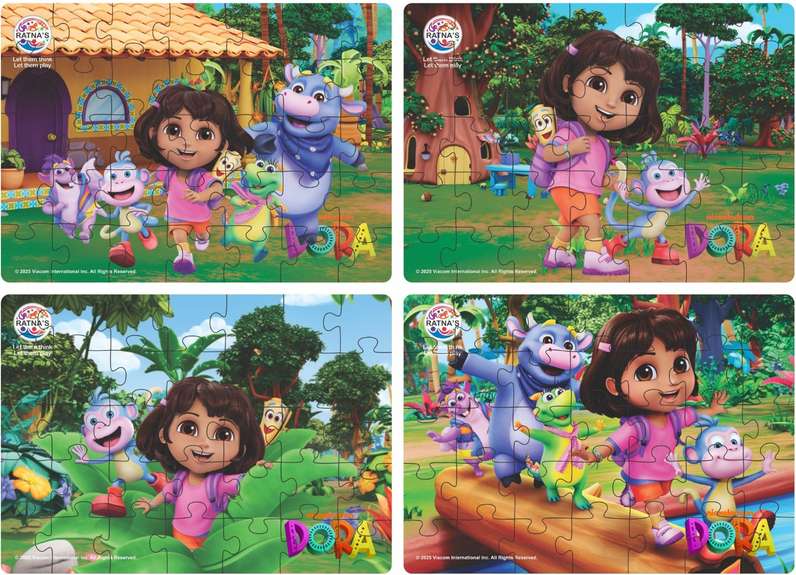 Four puzzle pieces featuring Dora the Explorer