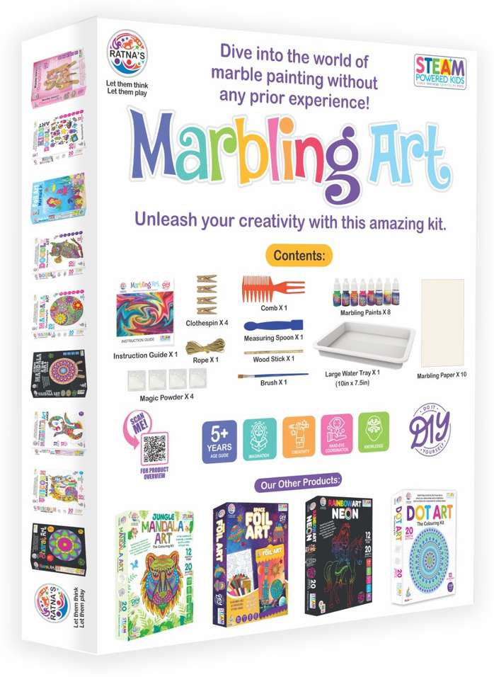 Marbling art kit packaging with colorful text