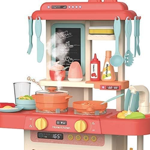 Toy kitchen set with various utensils and appliances on a white background