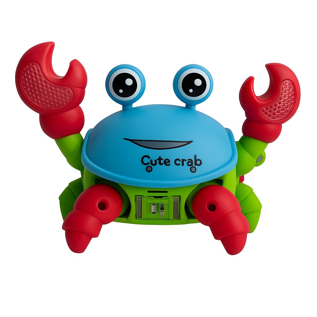 Toy crab with blue body, red claws, and green legs on a white background
