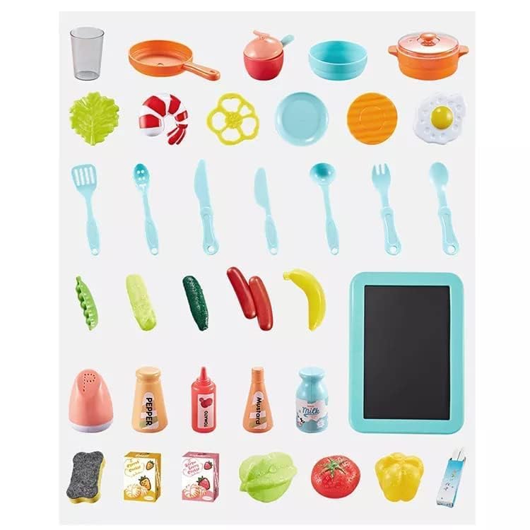 Colorful toy kitchen set with various utensils