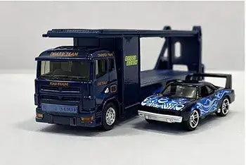 Model truck carrier with a toy car on a white background