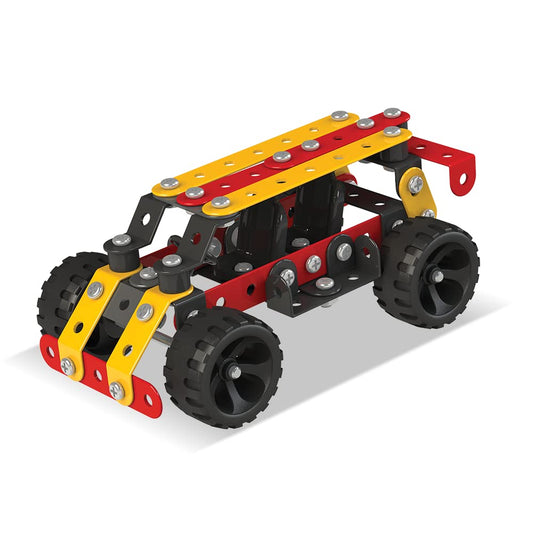 Toy vehicle with yellow and red frame and black wheels