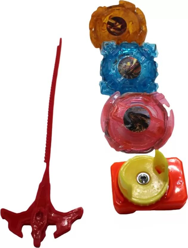 Three colorful toy spinners with a red handle on a white background