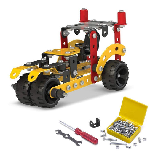 Toy bulldozer set with tools and screws