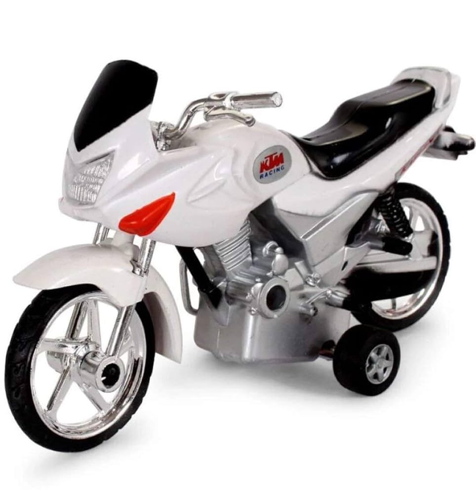 White toy motorcycle with black seat and red accents on a white background