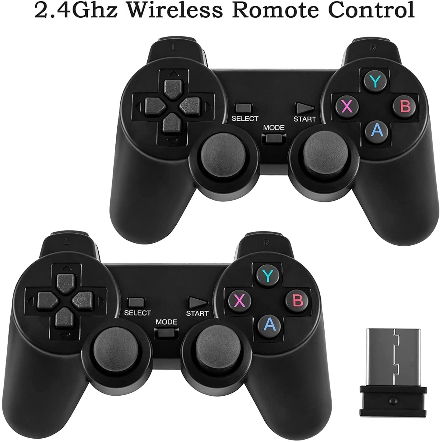 Two black wireless gaming controllers with a receiver