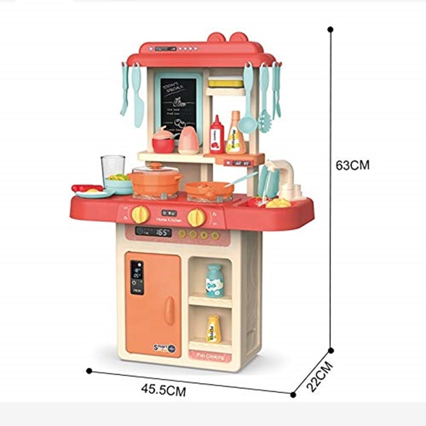 Toy kitchen set with measurements on a white background