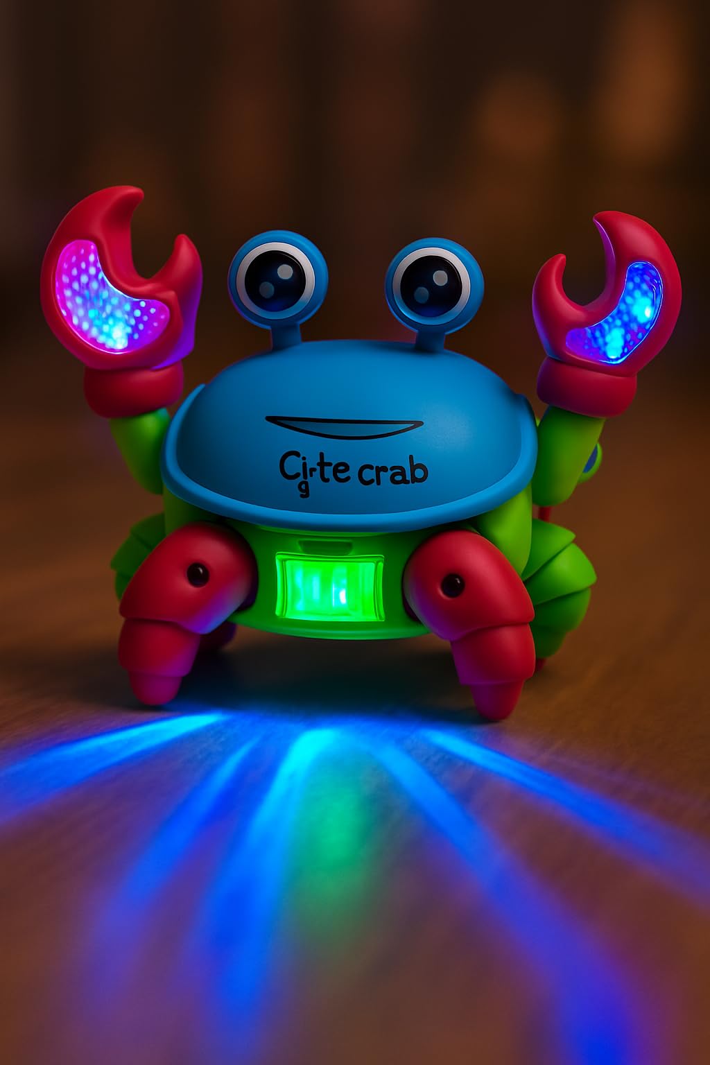Colorful toy crab with glowing lights on a wooden surface