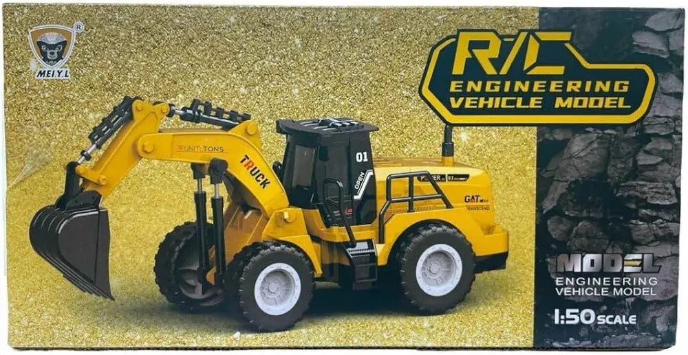 Yellow toy wheel loader on a gold and black box with 'R/C Engineering Vehicle Model' branding.