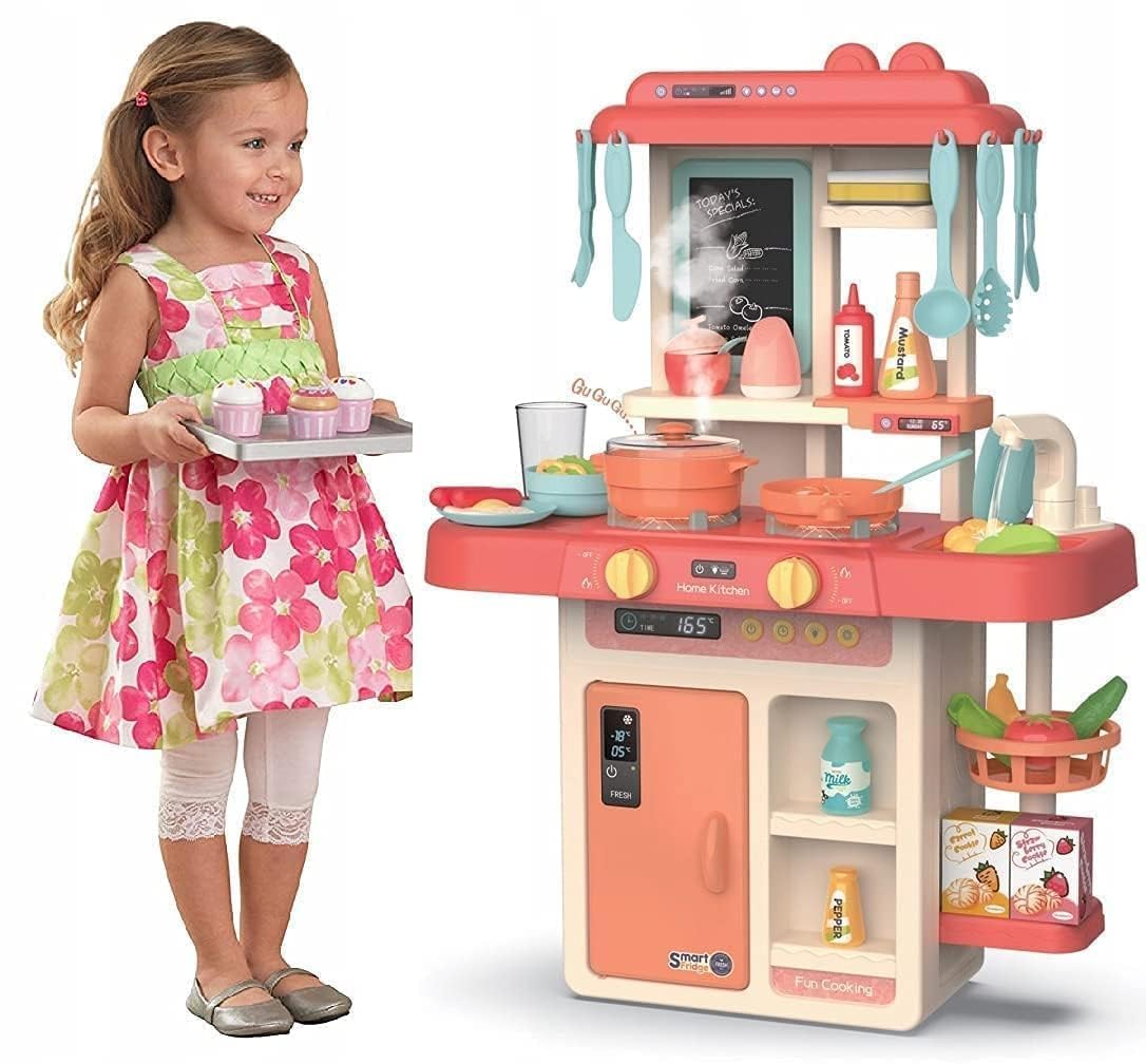 Child playing with a toy kitchen set