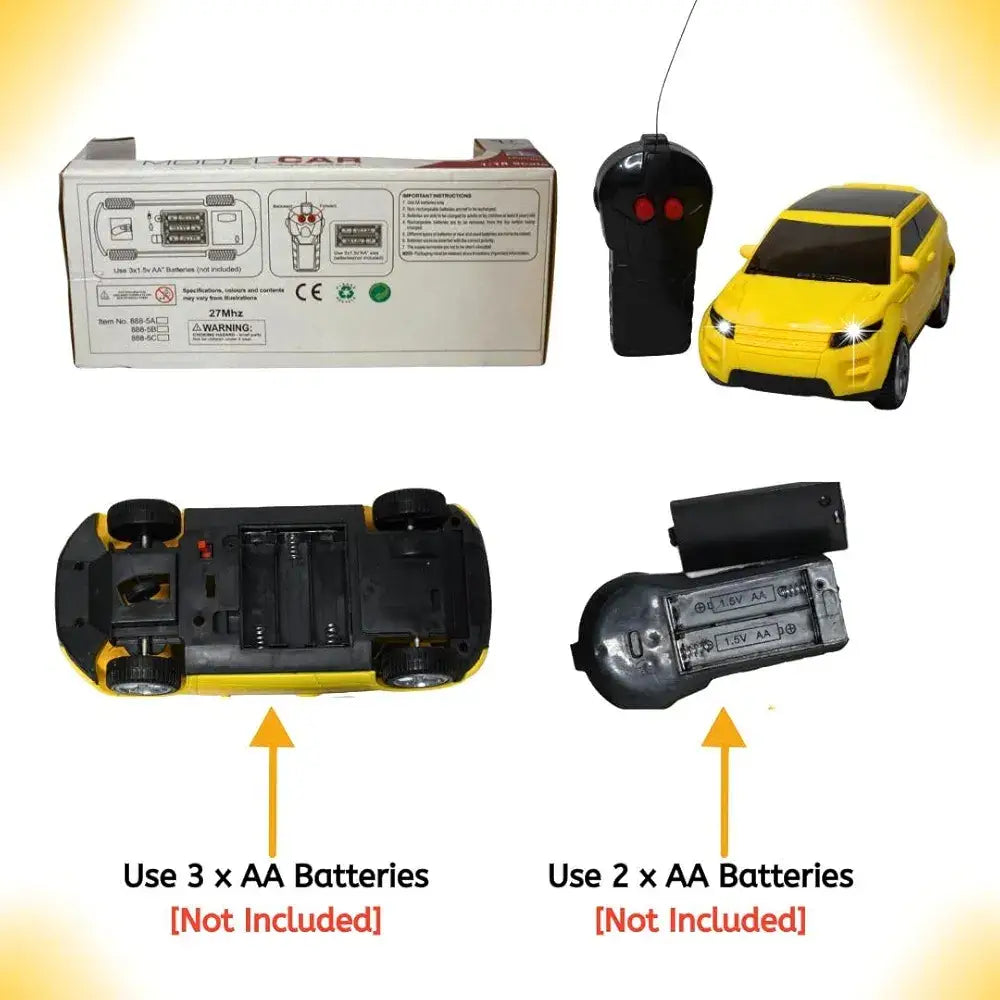 Yellow toy car with remote control, batteries, and packaging on a white background