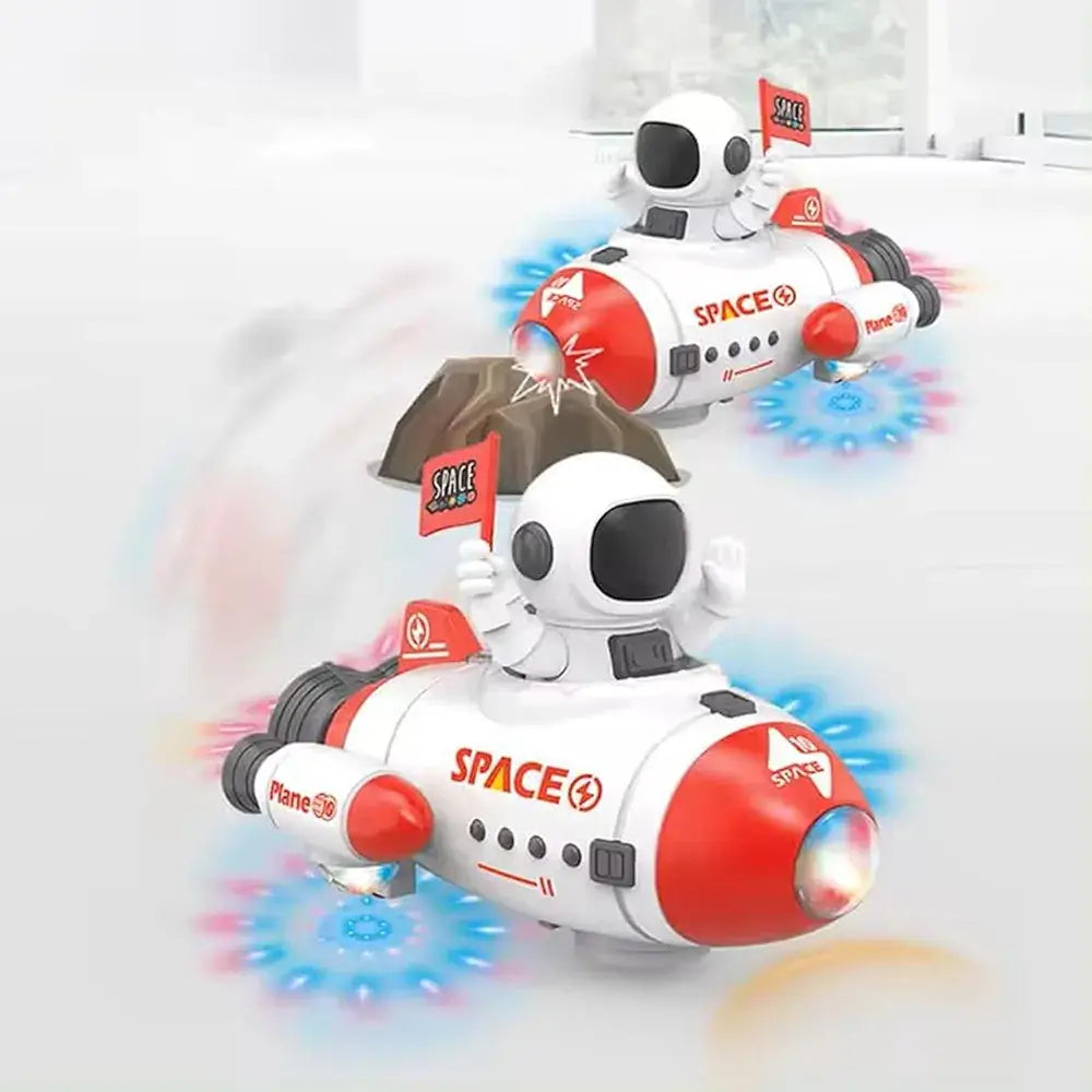 Two toy space ships with an astronaut figure on a light gray background
