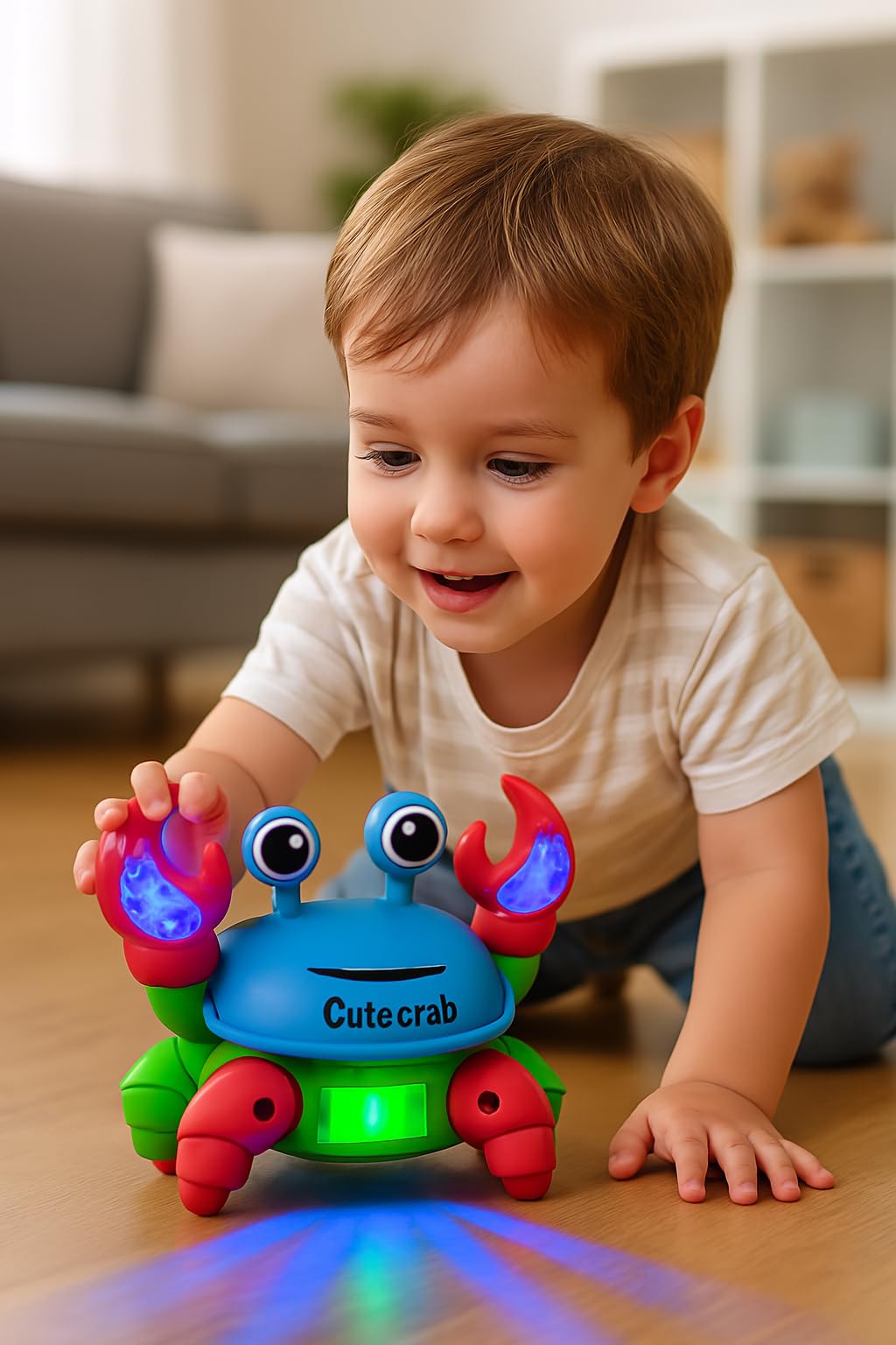 Child playing with a colorful crab toy on a wooden floor.