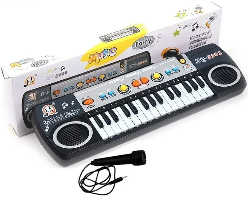 Children's toy keyboard with microphone and packaging on a white background