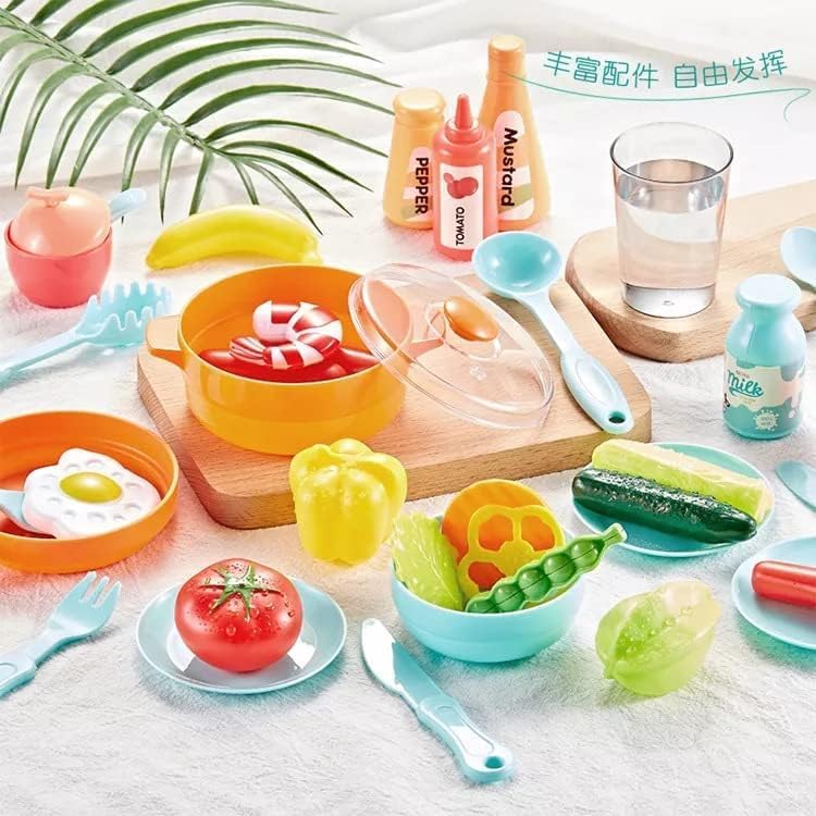 Colorful toy food set on a white surface with a wooden cutting board