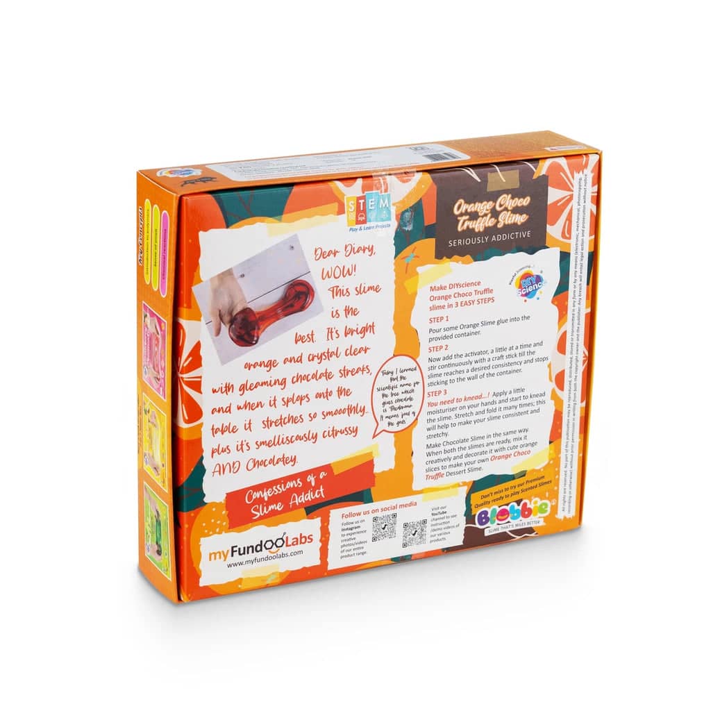Orange and brown packaging of a slime product with text and images on a white background