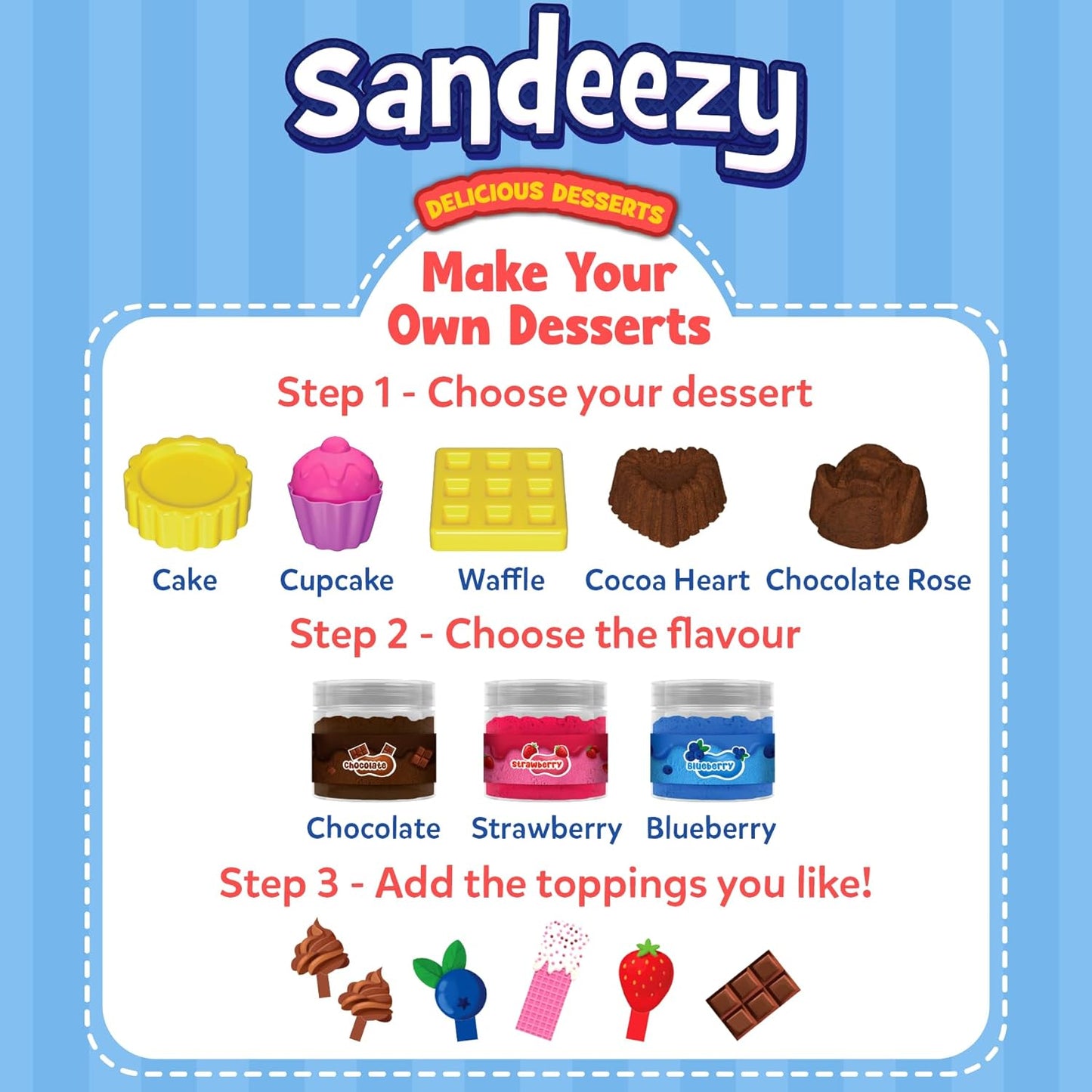 Sandeeye dessert-making kit with step-by-step instructions on a blue background
