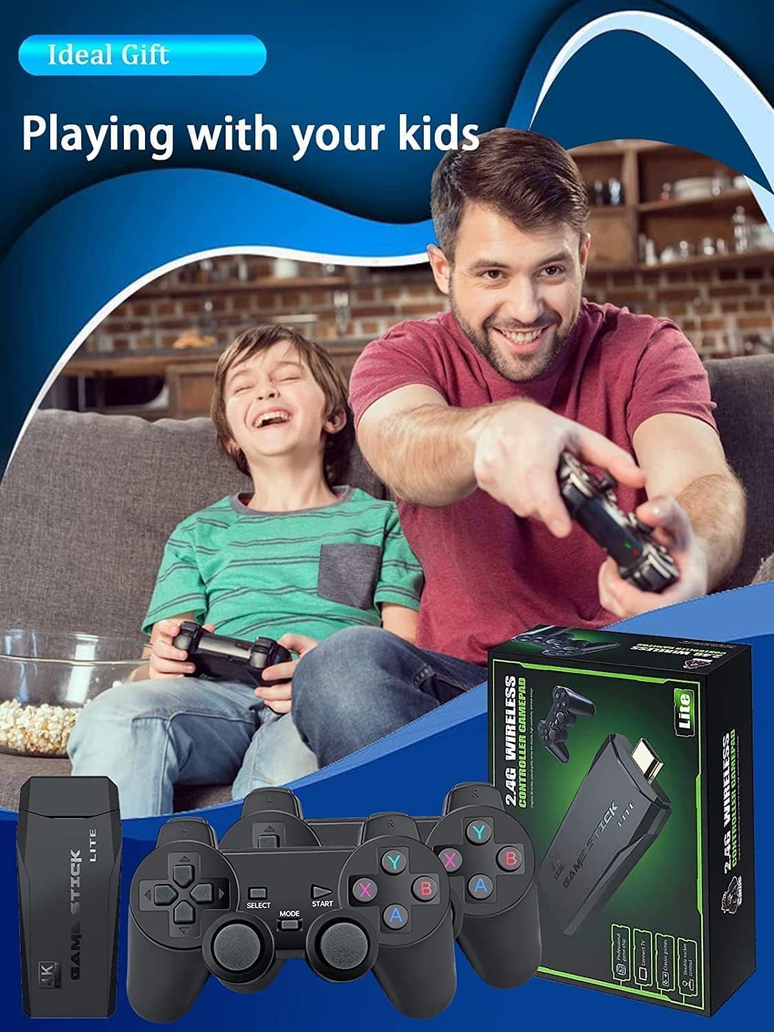Man and child playing video games with gaming controllers
