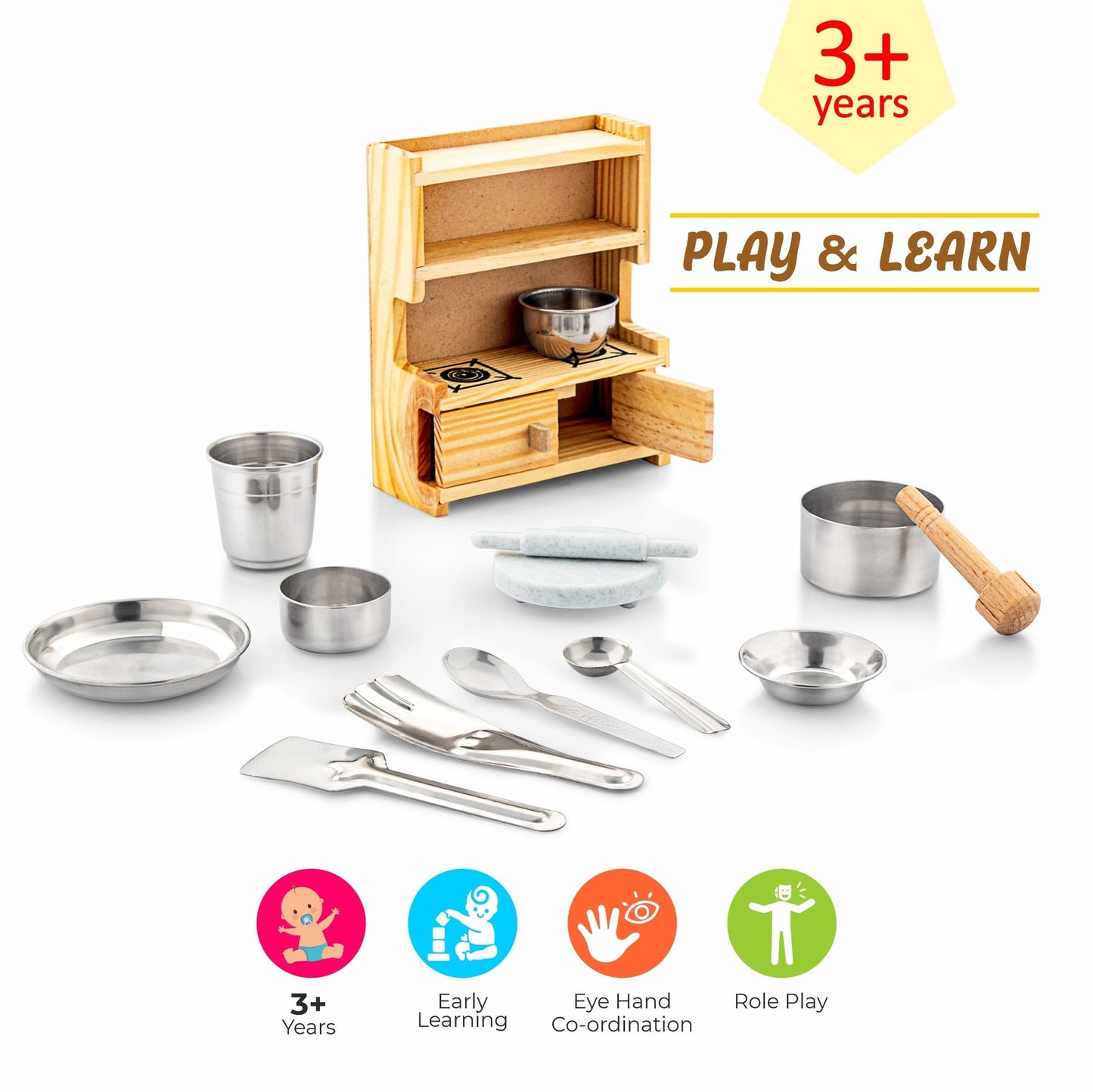 Children's play kitchen set with wooden shelves, metallic cookware, and utensils on a white background