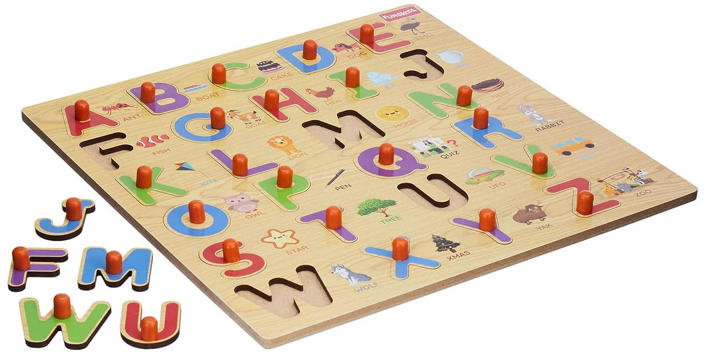 Wooden alphabet puzzle with letters and numbers on a white background