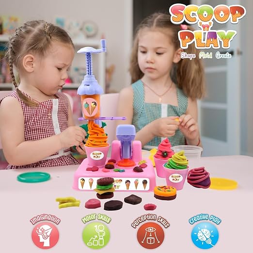 Scoop ‘n Play Ice Cream Maker Set for Kids – 36 Pcs Play Dough Kit with 6 Colors Non-Toxic Modeling Clay, DIY Dessert Station, Creative Kitchen Toys for Boys & Girls Ages 3+ (Gift for Birthdays)