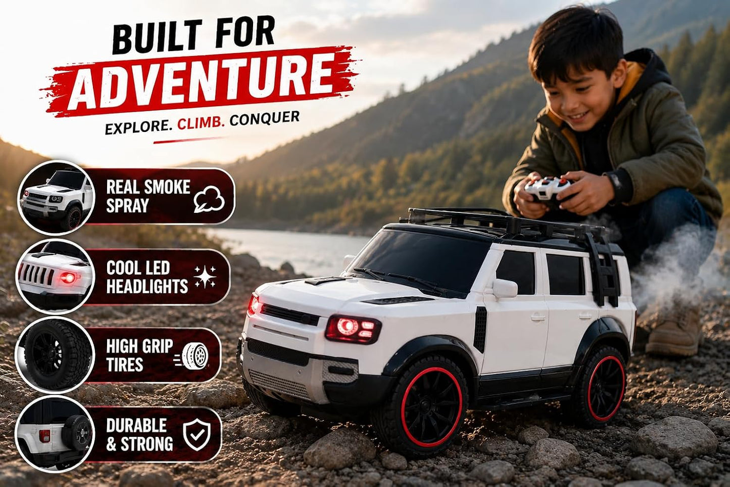 Braintastic RC Defender Remote Control Off-Road SUV Car for Kids, 2.4GHz Rechargeable RC Toy Car with LED Lights, Full Function, High-Speed Racing Vehicle...
