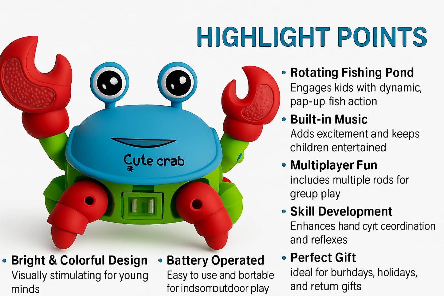 Toy crab with highlight points listed on a white background