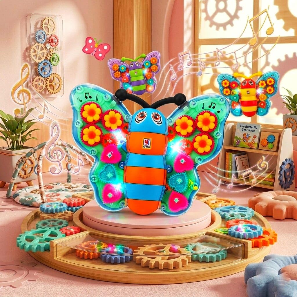 PotPicks Transparent Gear Butterfly Toy with Lights & Music | Battery Operated Bump & Go Musical Toy | Rotating Wings Interactive Sensory Learning...