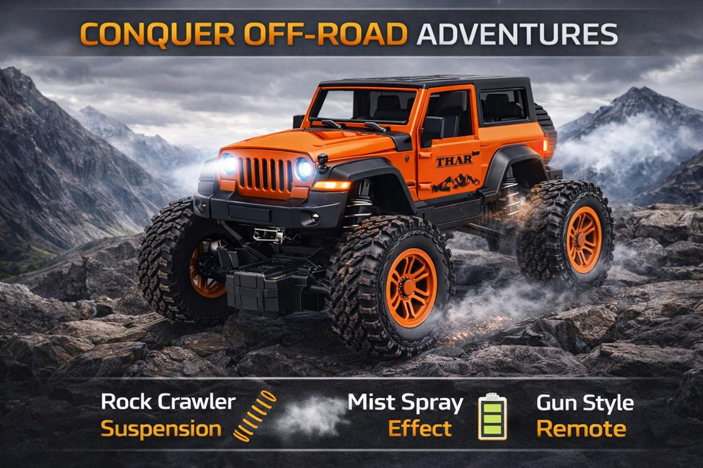TEC TAVAKKAL 75 Feet+ Range Remote Control Off Road Rock Climbing Car for Kids, Rechargeable Thar Toy with Mist Spray, Openable Doors, Front LED, Shock...