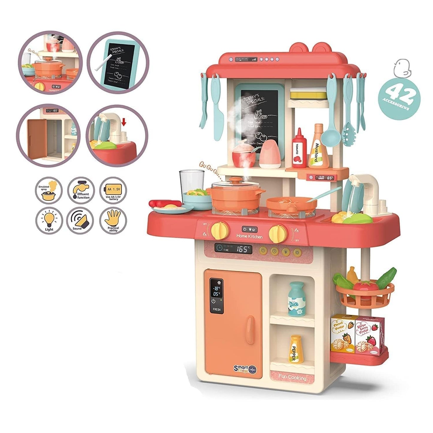 Toy kitchen set with various accessories on a white background