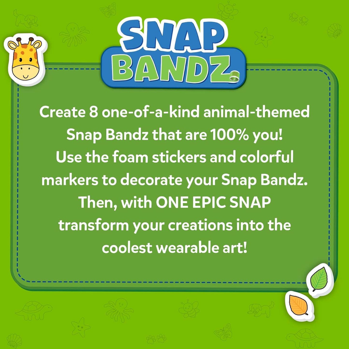 Promotional graphic for Snap Bandz with text and branding on a green background
