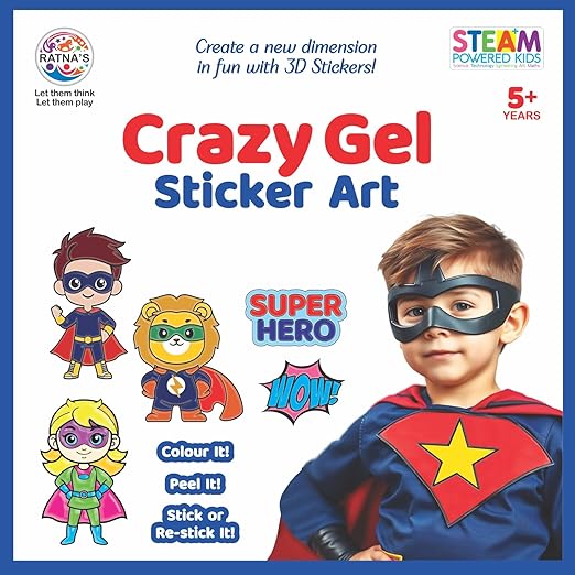 RATNA'S Crazy Gel Sticker Art Super Hero for Creating Vibrant, Reusable 3D Stickers, DIY Kit for Kids 5+ Years