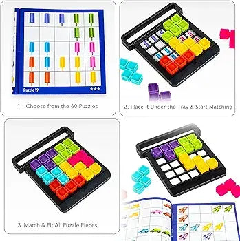 Educational puzzle game with colorful pieces and matching instructions.