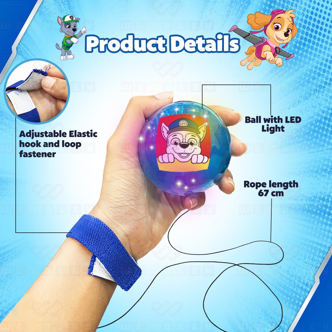 Product details of a ball with LED light and adjustable strap, featuring cartoon characters