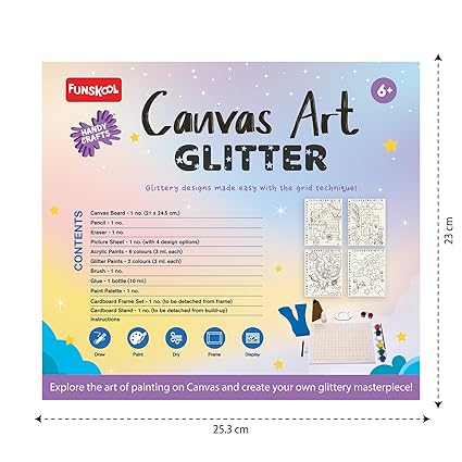 Funskool Handycrafts Canvas Art Glitter, Painting Kit for Kids, Draw and Paint, Arts and Craft Kit, Ages 5 Years and Above, Multicolour