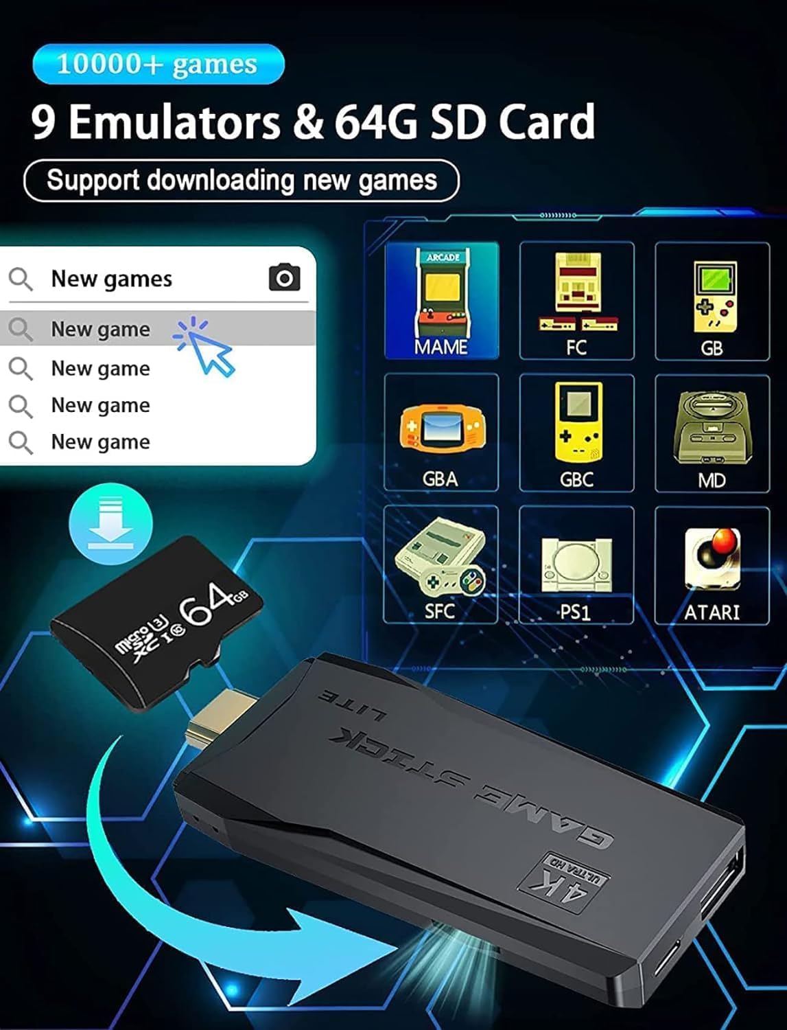 Gaming console with 64GB SD card and emulators on a dark background