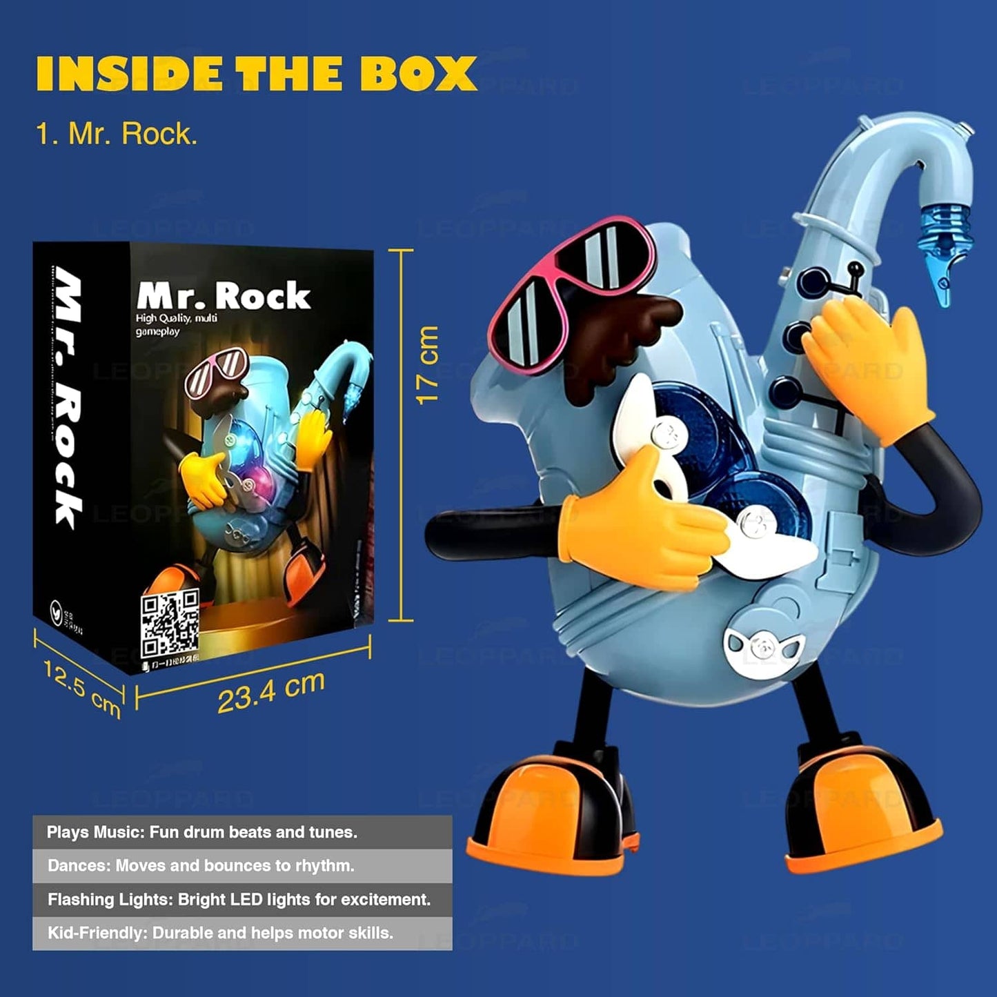 Toy figure of a character playing a saxophone with packaging on a blue background