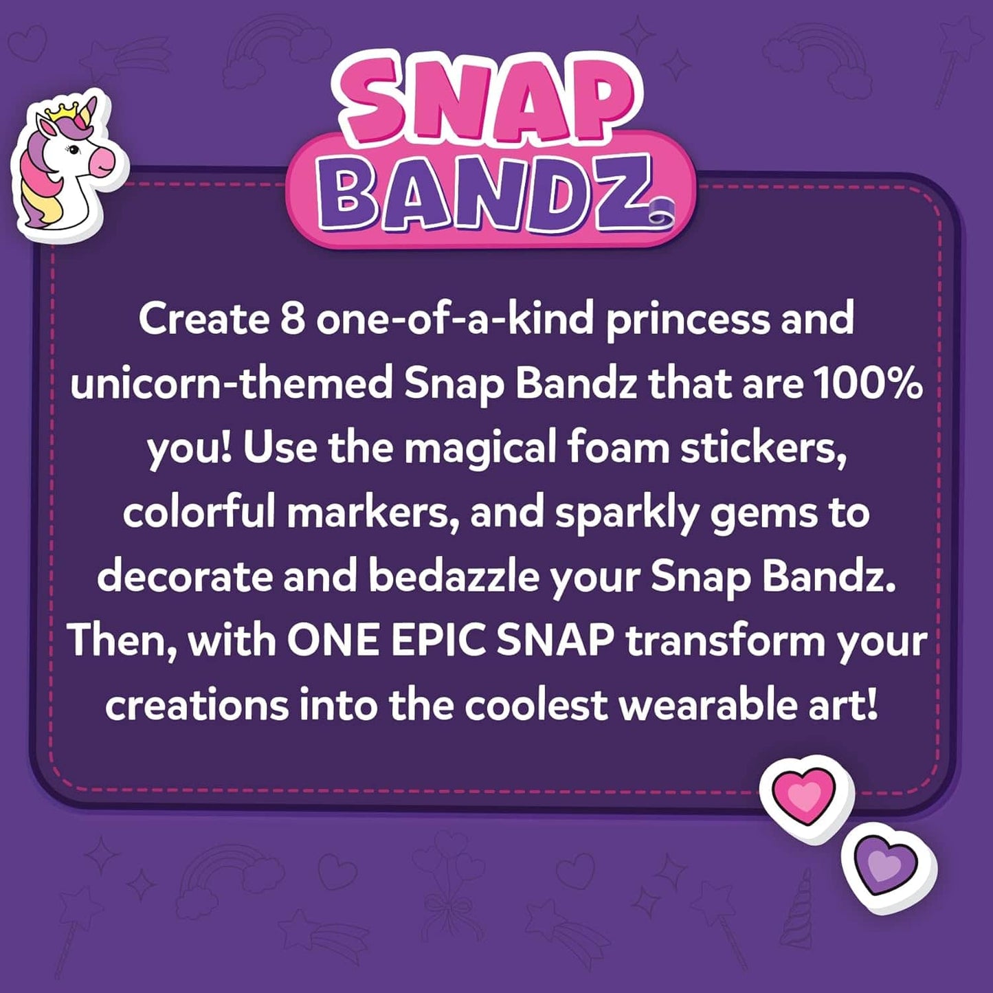 Promotional graphic for Snap Bandz with text and branding on a purple background
